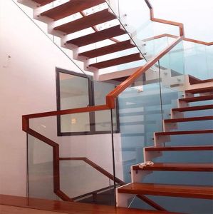 Cầu thang kính bắt Pad sườn tay vịn gỗ CT028
